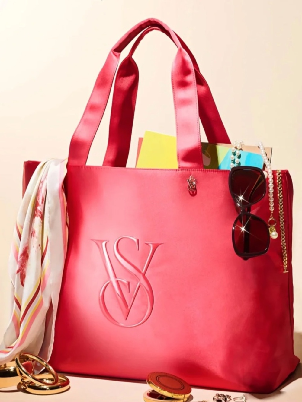 NEW Victoria's Secret Monogram Logo Tote Bag Weekender Hot Pink Satin